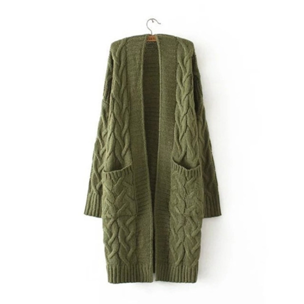 Women Winter Round Neck Long Sleeve Mid-Long Knit Sweater Coat (Color:Green Size:One Size)