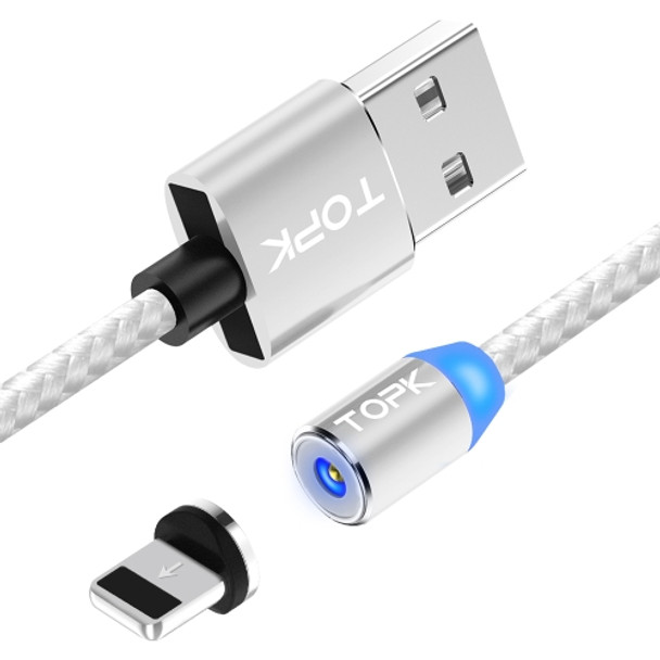 TOPK 1m 2.4A Max USB to 8 Pin Nylon Braided Magnetic Charging Cable with LED Indicator(Silver)