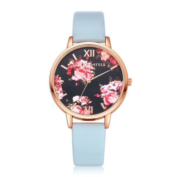 Lvpai P086Leather Strap Flower Dial Quartz Wrist Watch(Sky Blue+Rose Gold)