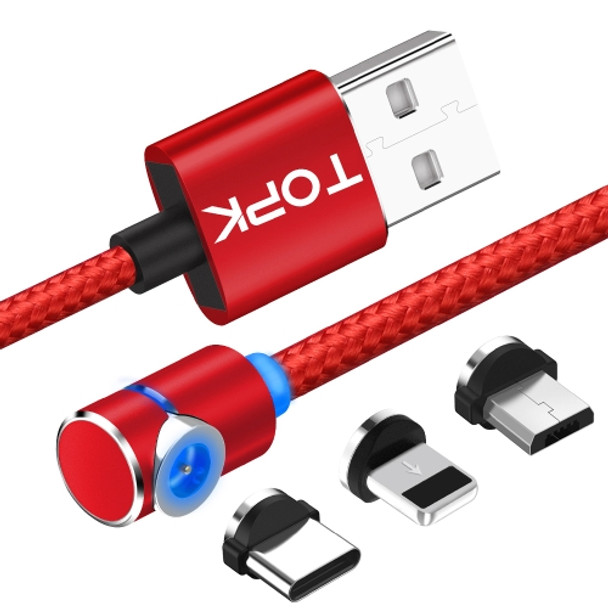 TOPK 1m 2.4A Max USB to 8 Pin + USB-C / Type-C + Micro USB 90 Degree Elbow Magnetic Charging Cable with LED Indicator(Red)