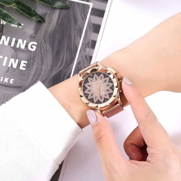 Smeeto Women Fashion Flower with Rhinestone Mesh Belt Alloy Bracelet Quartz Watch(rose gold)