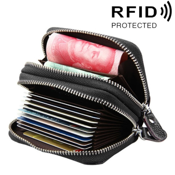 Genuine Cowhide Leather Dual Layer Solid Color Zipper Card Holder Wallet RFID Blocking Coin Purse Card Bag Protect Case with Card Slots & Coin Position, Size: 10.5*7.0*4.0cm(Black)
