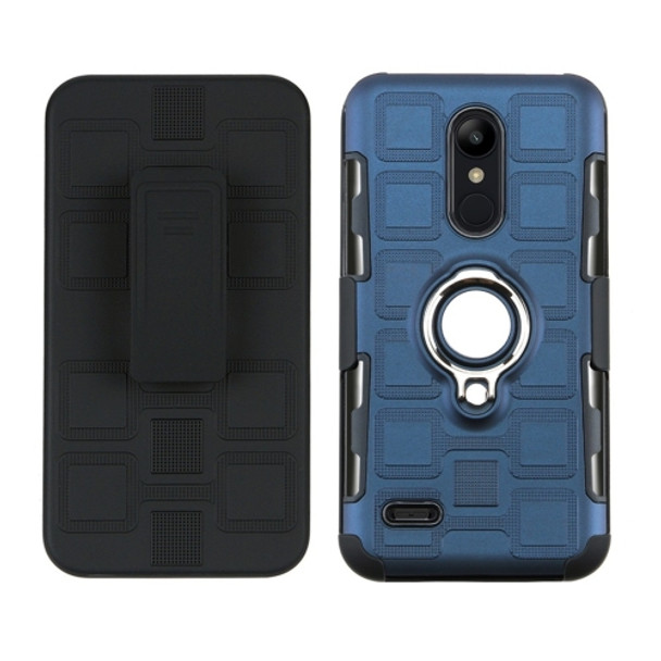 For LG K10 (2018) EU / US Version 3 In 1 Cube PC + TPU Protective Case with 360 Degrees Rotate Silver Ring Holder(Navy Blue)