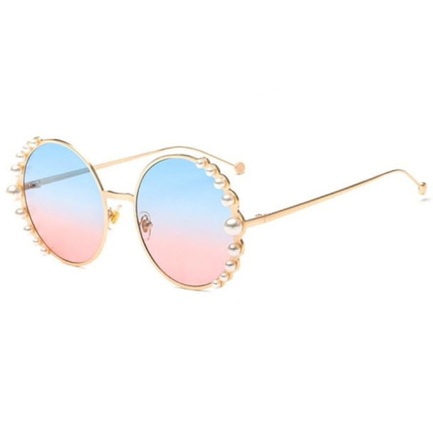 Women Sunglasses Metal Round Frame Pearl Embellished Sunglasses(Gold Frame Blue Pink Lens)