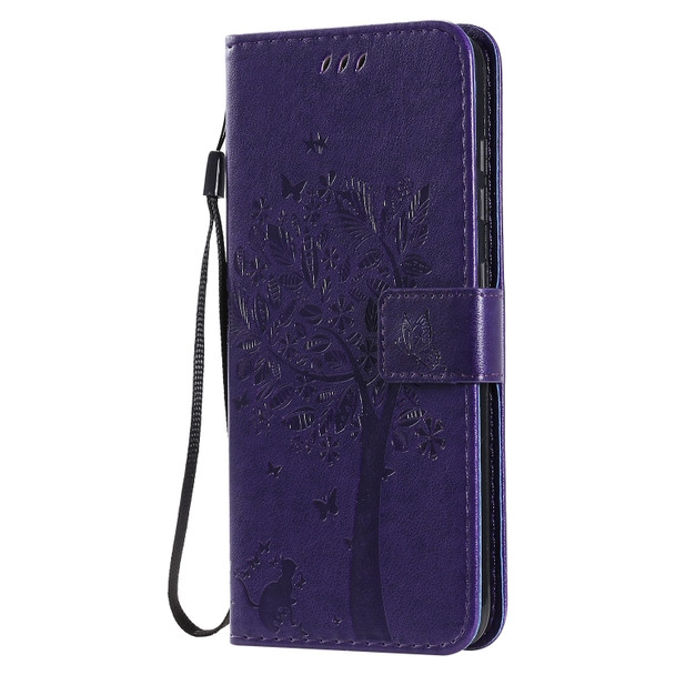 For Nokia 7.2 Tree & Cat Pattern Pressed Printing Horizontal Flip PU Leather Case with Holder & Card Slots & Wallet & Lanyard(Purple)