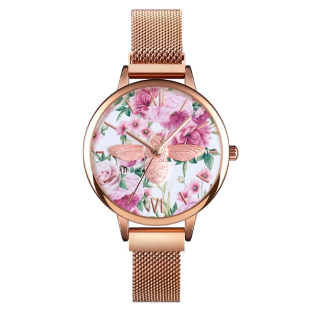 Skmei 9212 Fashion Lady Quartz Watch Student Female Temperament Waterproof Magnetic Suction Net Belt Watch(Flower Color)