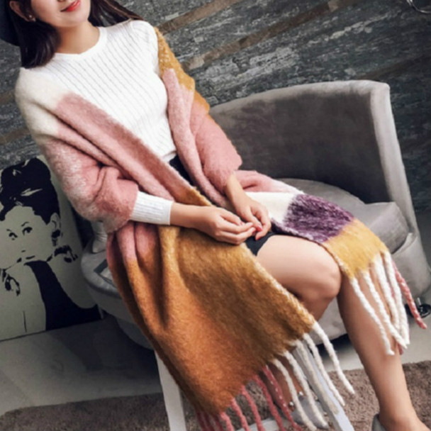 Autumn and Winter Ladies Long Wild Cashmere Warm Tassel Color Matching Scarf Shawl, Size:240 x 55cm(Yellow Pink)