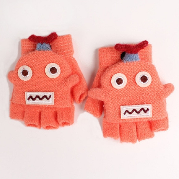 Winter Dual-use Cartoon Half Finger Flip Knitted Warm Children Gloves(Orange)
