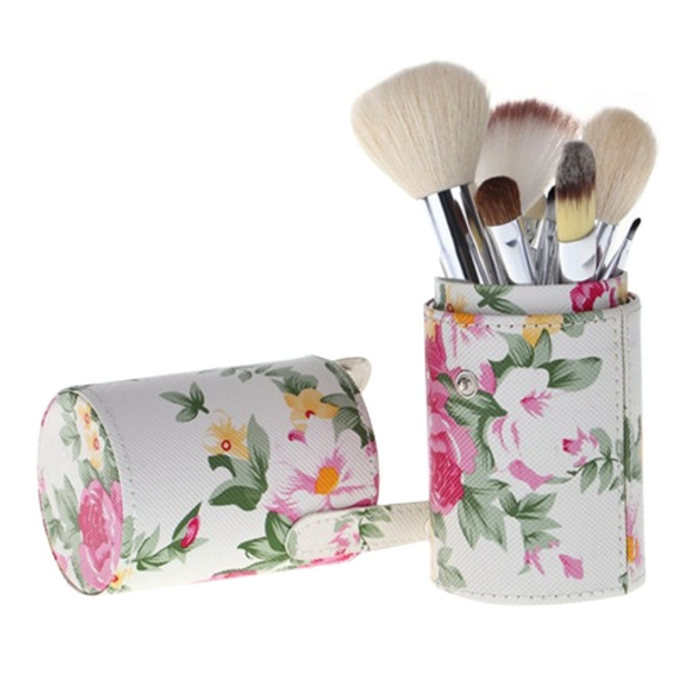Rose Flower Pattern PU Leather Makeup Brush Set Storage Bucket, Medium Size