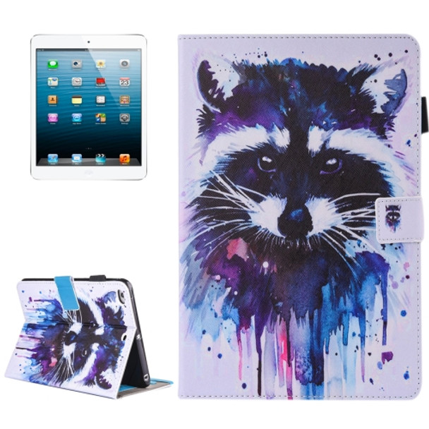 For iPad mini 4 / 3 / 2 / 1 Painting Colorful Raccoon Pattern Horizontal Flip Leather Case with Holder & Wallet & Card Slots & Pen Slot