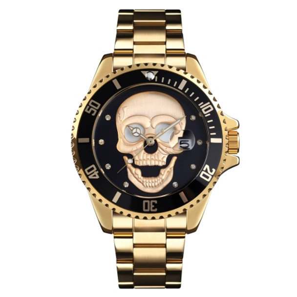 SKMEI 9195 Fashion Water-inlaid Drill Skull Nightlight Waterproof Quartz Watch Steel Strip Watch for Men(Golden Black)