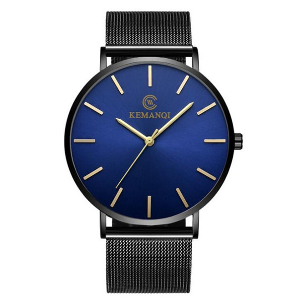 KEMANQI Simple Ultra-thin Waterproof Steel Mesh Belt Quartz Watch for Men(Ultra-thin Mesh belt blue dial)