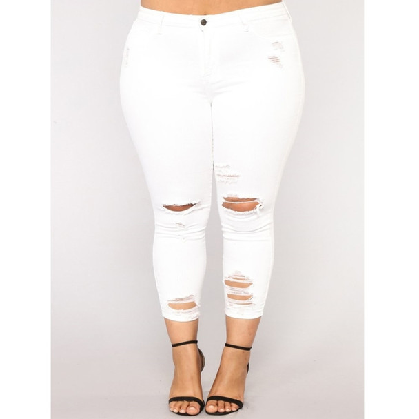 Plus Size Solid Color Frayed Casual Pants (Color:White Size:XXXXL)