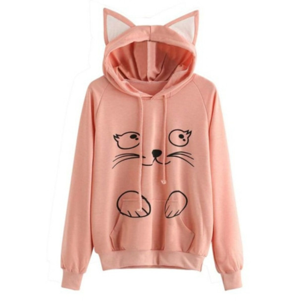 Solid Black Hooded Top Cute Cat Hoodie Warm Womens Sports Sweater, Size:XL(Pink)