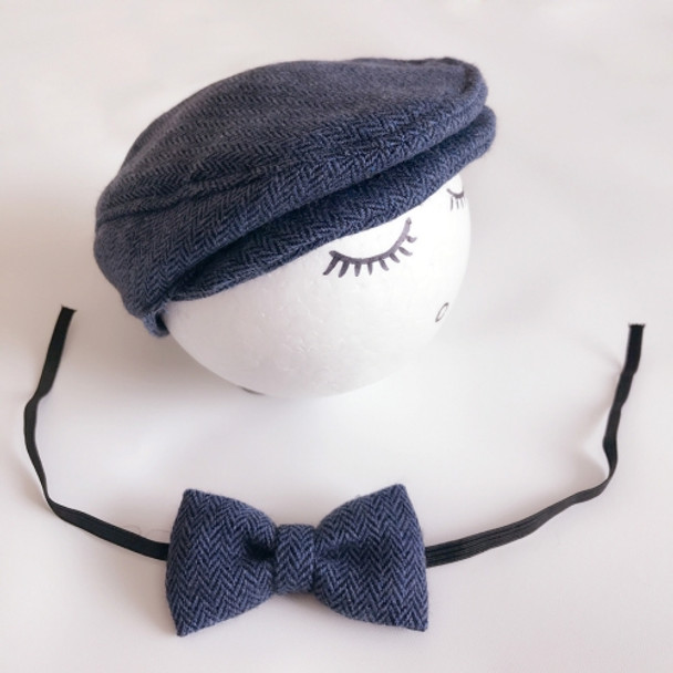 Newborn Baby Photography Props Photo Shoot Outfits Infant Cap Cabbie Hat with Bowtie Set Deep Blue