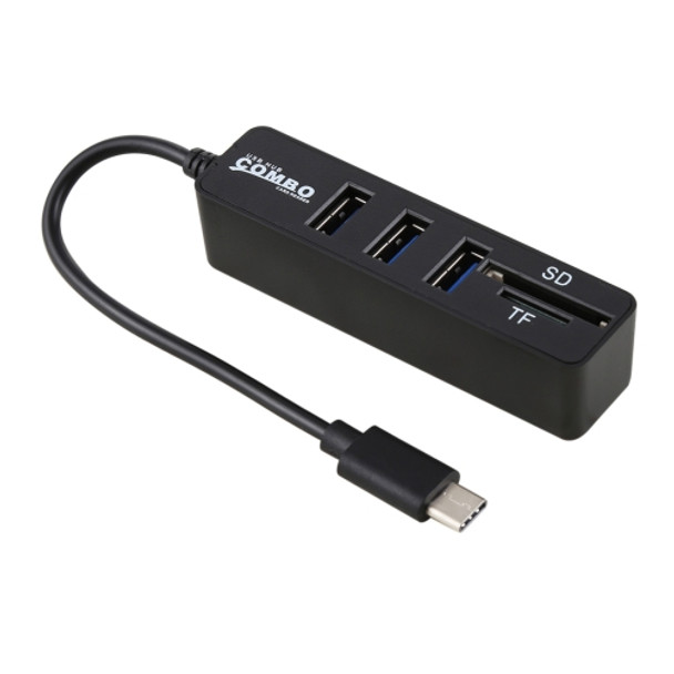 2 in 1 TF & SD Card Reader + 3 x USB Ports to USB-C / Type-C HUB Converter, Total Length: 24cm(Black)