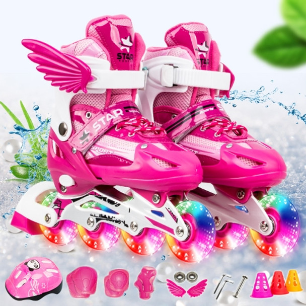 Adjustable Children Full Flash Single Four-wheel Roller Skates Skating Shoes Set, Size : L (Pink)