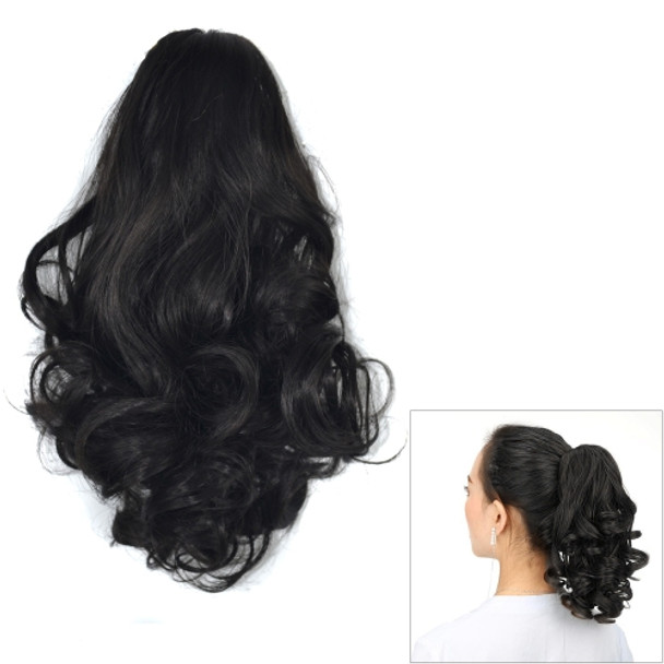 Natural Short Curly Hair Clip-on Pear Blossom Roll Horsetail Wig (Black)