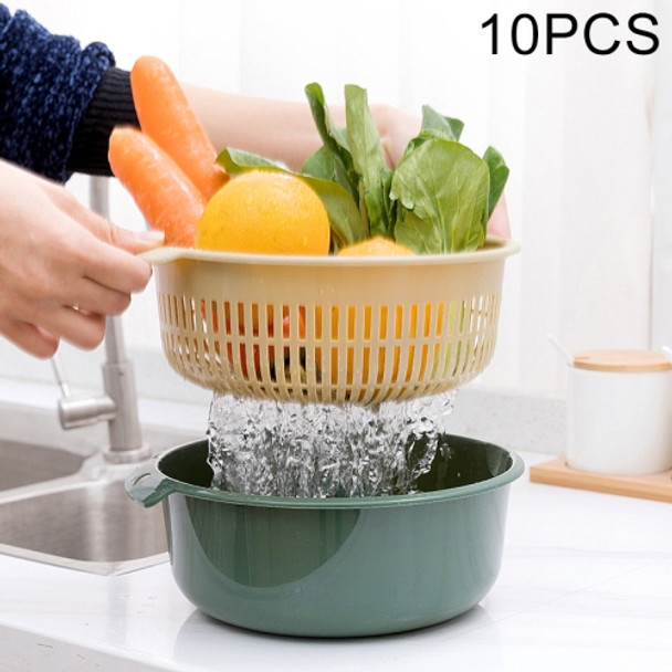 10 PCS Double-Layer Hollow Fruit & Vegetable Drain Basket Household Plastic Vegetable Washing Basket, Size:Large(Green)