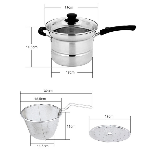 Stainless Steel 22CM Multi-function Deep-fried Cooking Pot Kitchenware Set, Style:Double Bottom