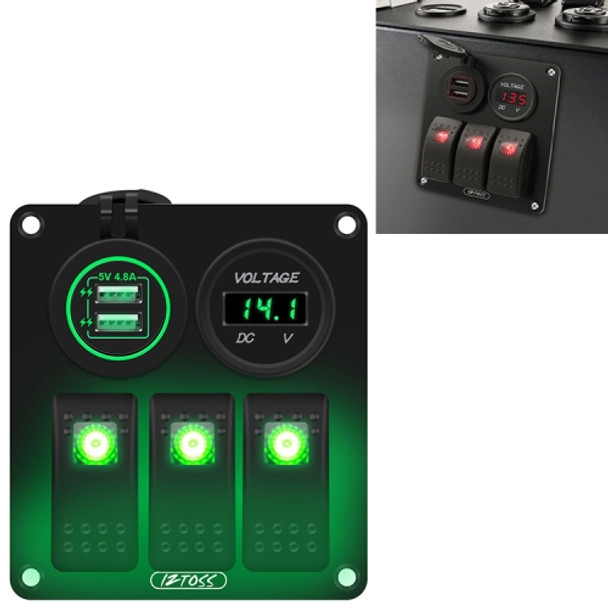 Multi-functional Combination Switch Panel 12V / 24V 3 Way Switches + Dual USB Charger for Car RV Marine Boat (Green Light)