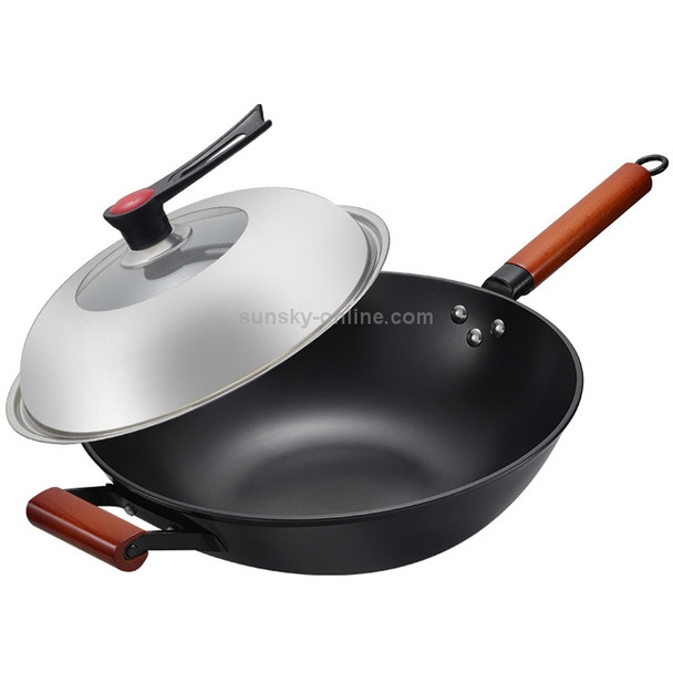 Uncoated Household Cast Iron Wok Suitable for Induction Cooker Gas Stove, Size:34cm Ear(Single Pot+Stand Lid)