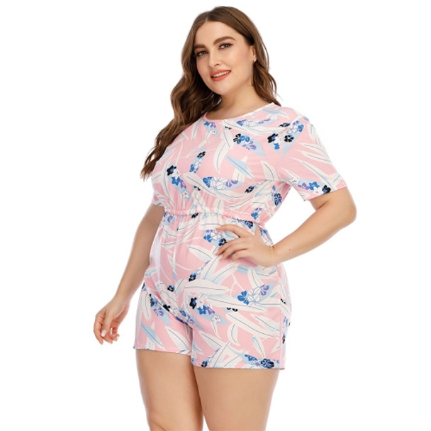 Round Neck Printed Short-sleeved Jumpsuits Comfortable Casual Home Wear (Color:Pink Size:XXXXL)