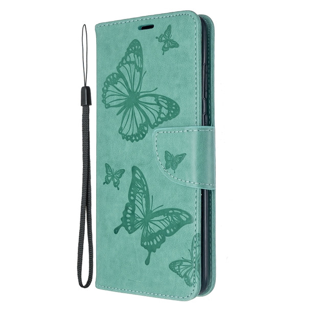 For Galaxy S20+ Embossing Two Butterflies Pattern Horizontal Flip PU Leather Case with Holder & Card Slot & Wallet & Lanyard(Green)