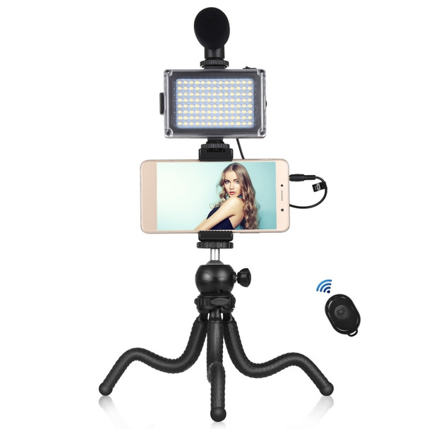 PULUZ  4 in 1 Vlogging Live Mini Octopus Bracket Kit + Studio Light + Microphone + Phone Clamp Kits(Black)