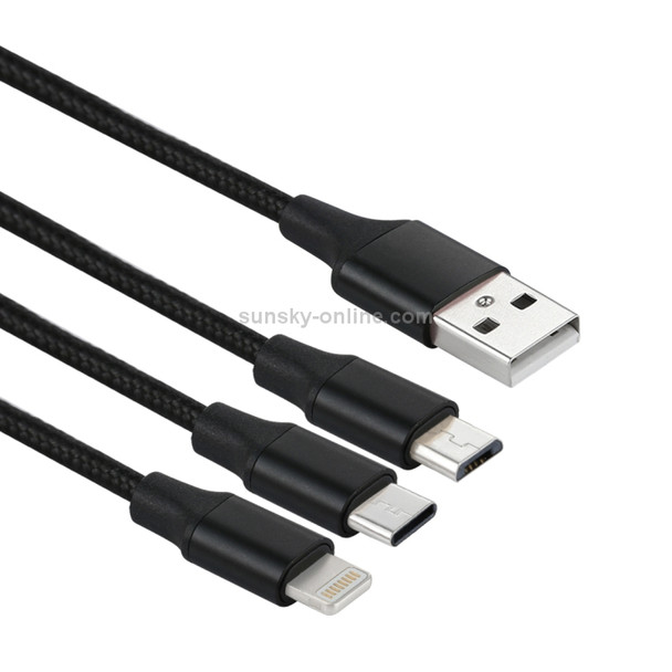 2A 1.2m 3 in 1 USB to 8 Pin & USB-C / Type-C & Micro USB Nylon Weave Charging Cable, For iPhone / iPad / Galaxy / Huawei / Xiaomi / LG / HTC / Meizu and Other Smart Phones(Black)