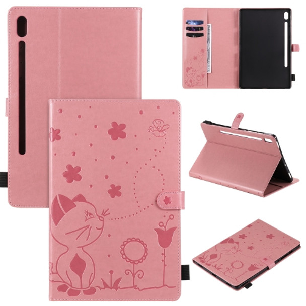 For Samsung Galaxy Tab S6 T860 Cat Bee Embossing Pattern Shockproof Table PC Protective Horizontal Flip Leather Case with Holder & Card Slots & Wallet & Pen Slot & Wake-up / Sleep Function(Pink)