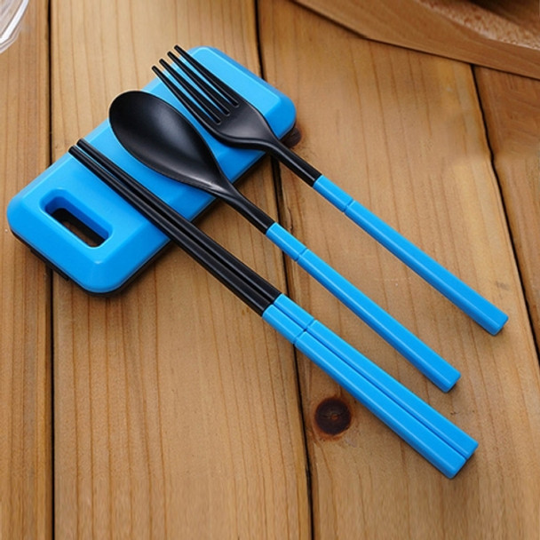 3 in 1 ABS Folding Dinnerware Cutlery Fork Chopsticks Set with Storage Box Outdoor Camping Hiking Traveling Tableware Set(Blue)