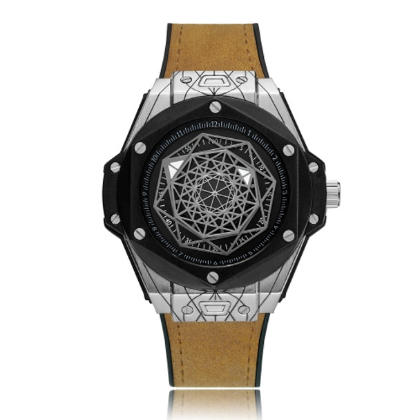 CAGARNY 6868 Geometric Polygon Dial Quartz Dual Movement Watch Men TPU Strap Watch (Brown Belt Black Shell)