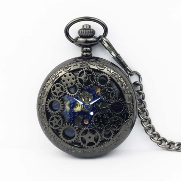 Classical Mechanical Pocket Watch Large Retro Gear Embossed Hollow Pocket Watch(Black)