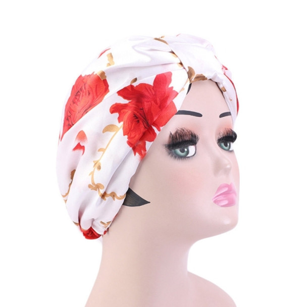 3 PCS TJM-470 Satin Printed Double-Layer Turban Cap Silk Night Cap Hair Care Cap Chemotherapy Hat, Size: One Size(Red Flower on White)