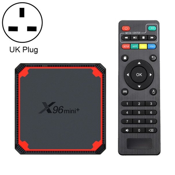 X96 mini+ 4K Smart TV BOX Android 9.0 Media Player wtih Remote Control, Amlogic S905W4 Quad Core ARM Cortex A53 up to 1.2GHz, RAM: 1GB, ROM: 8GB, 2.4G/5G WiFi, HDMI, TF Card, RJ45, UK Plug