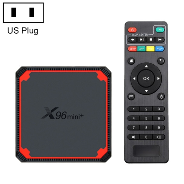 X96 mini+ 4K Smart TV BOX Android 9.0 Media Player wtih Remote Control, Amlogic S905W4 Quad Core ARM Cortex A53 up to 1.2GHz, RAM: 2GB, ROM: 16GB, 2.4G/5G WiFi, HDMI, TF Card, RJ45, US Plug