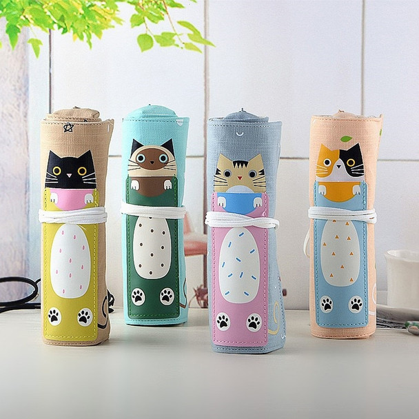 Cat Pattern Pencil Case School Pencil Case Canvas Roll Up Pencil Bag Portable Pencil Box School Supplies(Blue Cat)