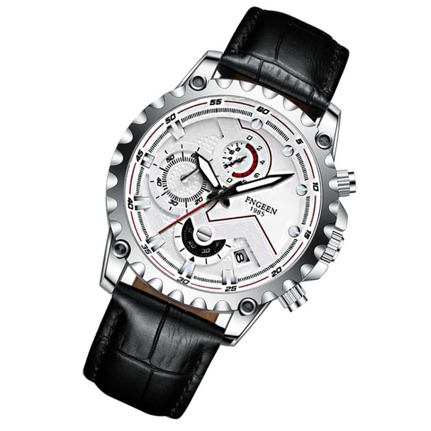 FNGEEN 5055 Men Waterproof Sports Fashion Stainless Steel Watch(Black Leather White Steel White Surface)