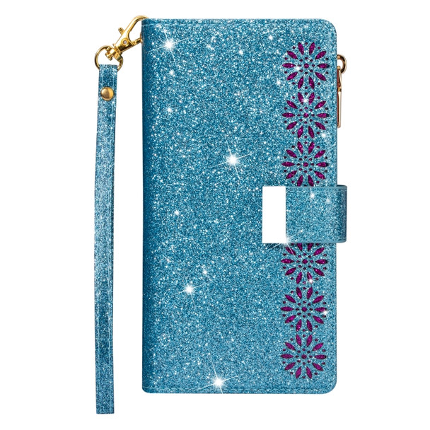 For iPhone 11 Pro Max Multi-card Slots Starry Sky Laser Carving Glitter Zipper Horizontal Flip Leather Case with Holder & Wallet & Lanyard(Sky Blue)