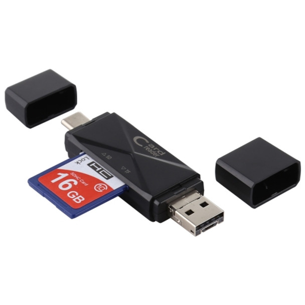 USB-C / Type-C + SD + TF + Micro USB to USB 2.0 Card Reader (Black)