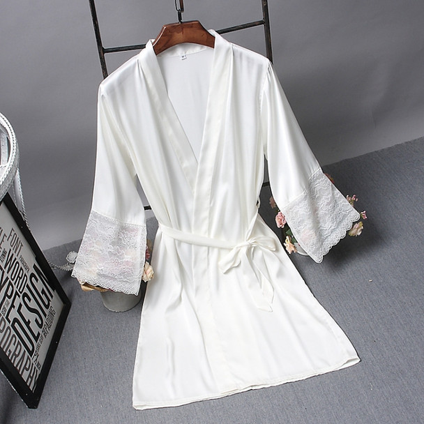 Robes  Elegant Sleepwear Sexy Lace Women Dressing Kimono Silk Bath Robe, Size:M(White)