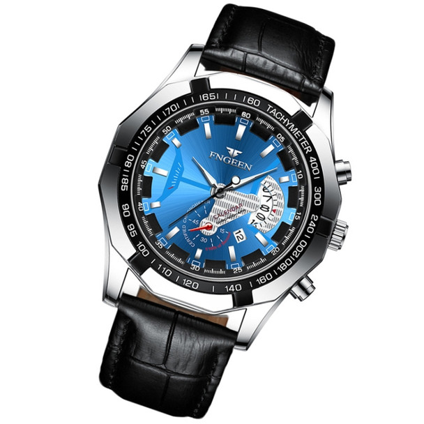FNGEEN S001 Men Waterproof Watch Non-Mechanical Calendar Watch(Black Leather Black Steel Blue Surface)