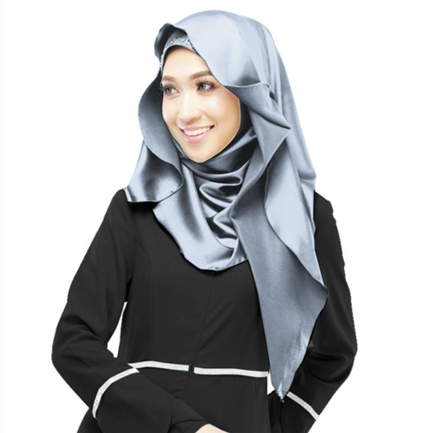 Women Muslim Retro Nation Solid Color Satin Hijab Head Long Scarf (Color:Grey Size:Free Size)