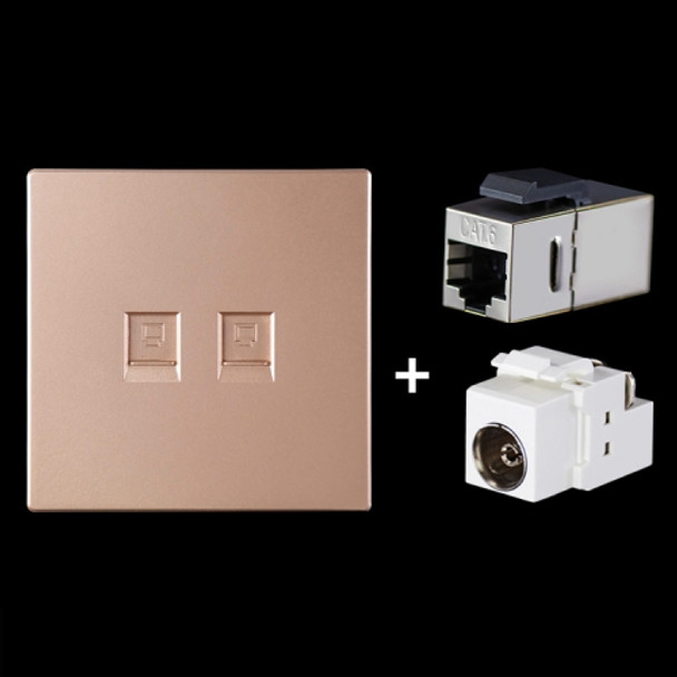 CAT.6 Shielded Pass-through Network Module, Dual Ports Panel + Shielded Pass-through + TV Socket (Gold)