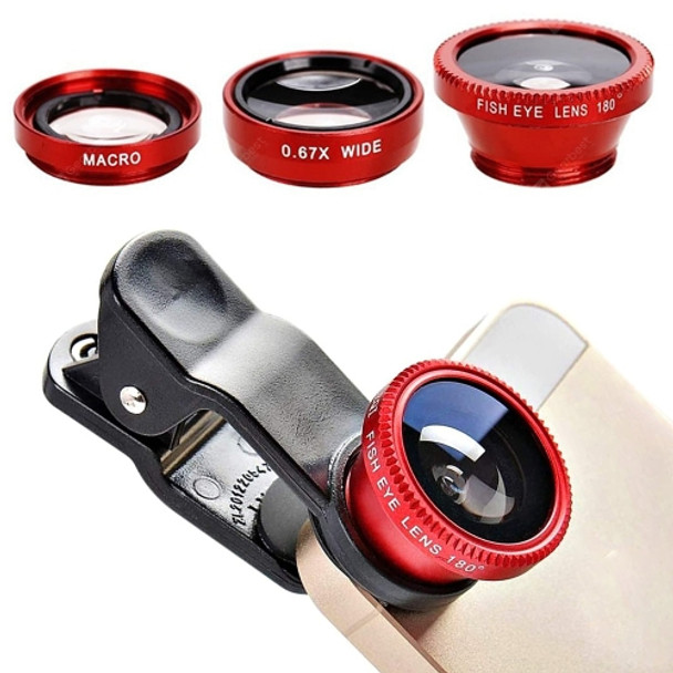 3 in 1 Photo Lens Kits (180 Degree Fisheye Lens + Super Wide Lens + Macro Lens), For iPhone, Galaxy, Sony, Lenovo, HTC, Huawei, Google, LG, Xiaomi, other Smartphones(Red)