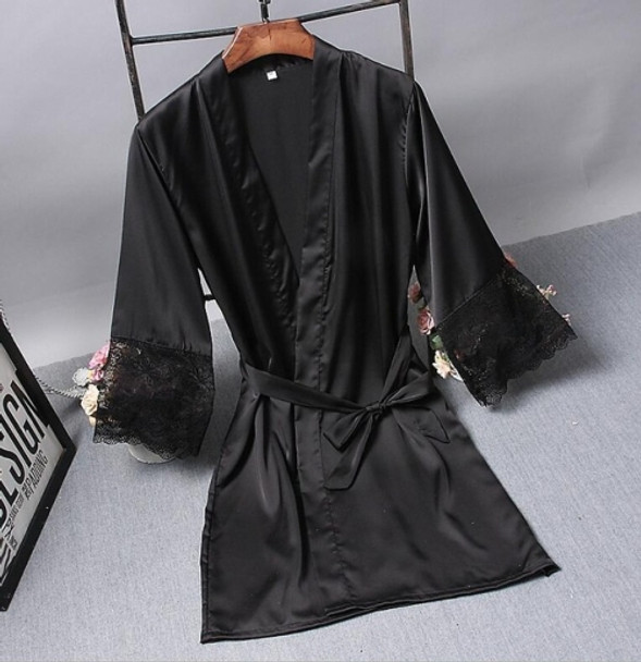 Robes  Elegant Sleepwear Sexy Lace Women Dressing Kimono Silk Bath Robe, Size:XXL(Black)