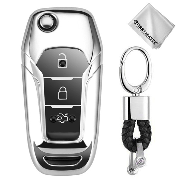 TPU One-piece Electroplating Opening Full Coverage Car Key Case with Key Ring for Ford Edge / ESCORT / KUGA / Mondeo / EcoSport / FOCUS (Silver)