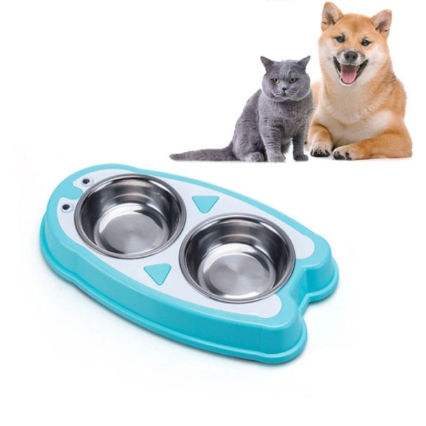 Penguin-shaped Stainless Steel Dog and Cat Double Bowl Pet Food Bowl(Blue)