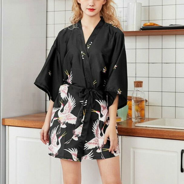 Womens Summer Print Kimono Robe Satin Lace Gown Fashion Sleepwear, Size:L(Black)
